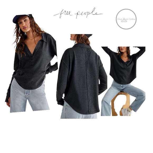 Free People Tops - We The Free Anakin Thermal Top Black Size Medium Oversized Long Sleeve
